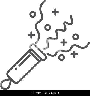 A black and white drawing of a sparkler. The sparkler is long and thin, with a pointed end. The sparkler is surrounded by a lot of small dots, which g Stock Vector