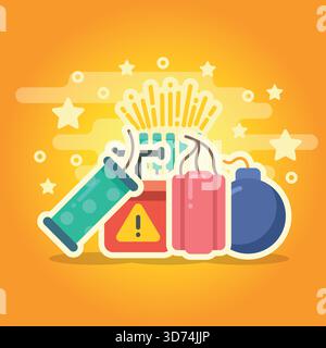 A colorful explosion of fireworks and fireworks are scattered across the orange background. The fireworks are in various sizes and colors, with some b Stock Vector