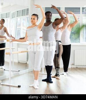 Group mastering third position at barre in ballet studio Stock Photo