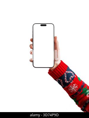 Hand holding smartphone with blank screen on white background, perfect for minimal app mockups Stock Photo