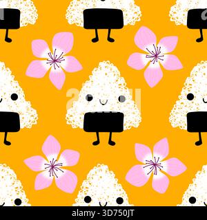 Japanese food onigiri seamless cartoon kawaii rice ball pattern for wrapping paper and kids clothes print and menu and restaurants accessories and fab Stock Photo