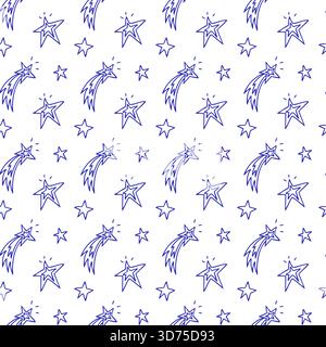 Seamless pattern with hand-drawn shooting stars and small stars on white background. Vector cosmic background. Stock Vector