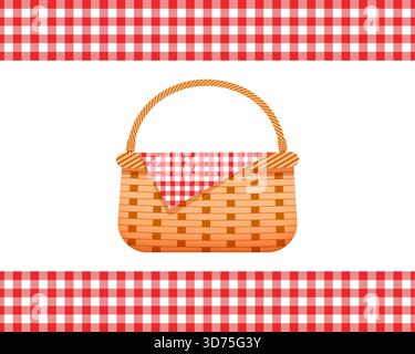 Empty wicker picnic basket with napkin and borders with red checkered gingham texture of napkin. Handmade woven willow hamper isolated on white background. Vector cartoon illustration. Stock Vector