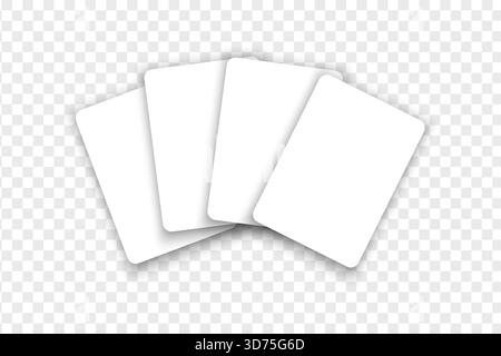 Four blank white playing cards isolated on transparent background. Playcards mockup. Poker game concept. Vector realistic illustration. Stock Vector