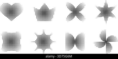 Set of black modern shapes with halftone or grainy texture isolated on white background. Dotted abstract heart and crown, flower and star, pinwheel and brutalist forms. Vector graphic illustrations. Stock Vector