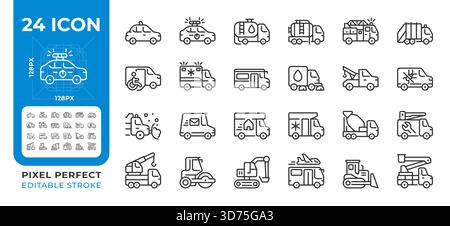 Service vehicles pixel perfect line icons set Stock Vector