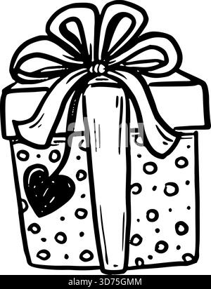 Gift box with heart and dot print vector illustration in doodle sketch style hand drawn outline in black and white. Cute symbol for valentines day design. Great for Christmas card. Ideal for birthday. Stock Vector