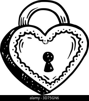 Heart shaped lock vector illustration in doodle sketch style hand drawn line art in black and white. Simple art for valentines day design. Great for romantic card. Nice for cute love concept. Stock Vector