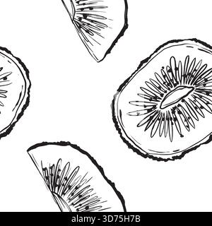 hand drawn kiwi slices and wedges, detailed seeds and texture, fresh tropical mood for smoothie branding and stationery, black and white vector hand-drawn seamless pattern in line art style. Stock Vector