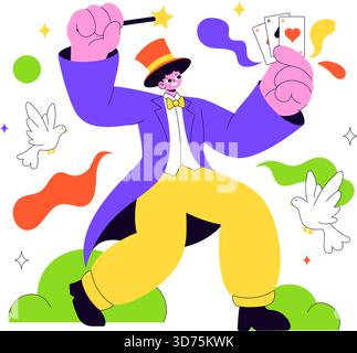 Magician Vector Illustration with Illusionist Conjuring Tricks and Waving a Magic Wand above his Mysterious Hat on a Stage in Flat Cartoon Background Stock Vector