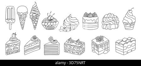 Cakes, pieces of cake and ice cream, different types desserts line doodle set. Birthday or wedding various slices cakes texture illustration. Sweet holiday bakery art. Vector hand drawn cartoon design Stock Vector