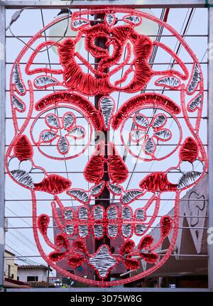 A skull with a rose on it is lit up in red and silver. The skull is surrounded by a wire frame. Mexico, zacatlan de las manzanas, puebla, day of the d Stock Photo