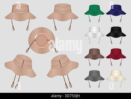 Wide Brim Bucket Hat Tech Pack with Front, Back, Side, and Bottom Views Stock Vector