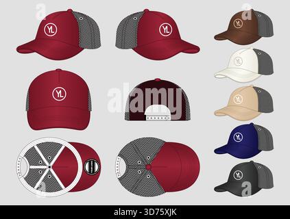 Editable Trucker Cap Design Template in Various Angles and Colors Stock Vector