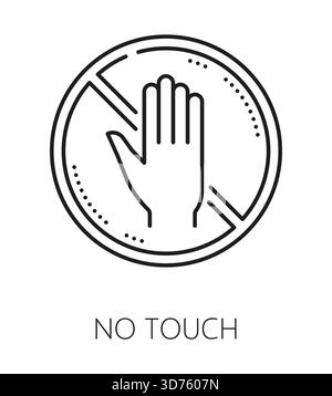 No touch museum exhibit prohibition line icon or pictogram. Museum exhibition linear vector pictogram, art gallery symbol. Exhibit riles icon or sign with touching, area access prohibition sign Stock Vector