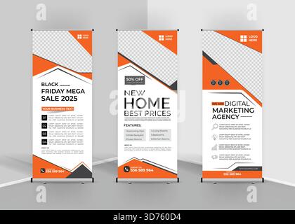 Versatile Roll-Up Banner Design Templates Set, Black & White Branding for Black Friday Sales, Real Estate Promotions, and Digital Marketing Agencies Stock Vector
