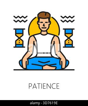 Patience life skill color line icon or label. Human patience ability outline vector symbol, people potential icon. Personality life skill line pictogram with meditating in lotus pose man character Stock Vector