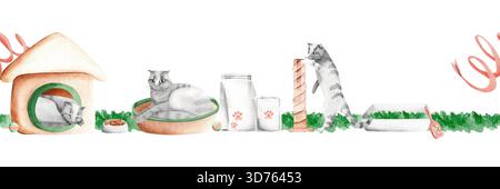 A seamless watercolor border featuring cats engaged in various activities and their accessories. A house, bed, food, litter box, and scratching post. Stock Photo