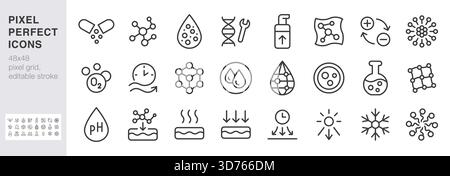 Skincare line icon set. DNA repair, liposome, airless pump cream bottle, cryo technology minimal vector illustrations. Simple outline signs for Stock Vector