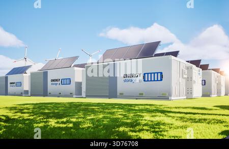 Alternative energy concept with 3d rendering group of energy storage systems or battery container units with various sources of energy Stock Photo