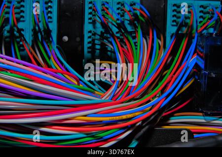 Colorful data center fiber optic and patch panel connections Stock Photo