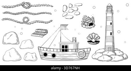 A hand drawn vector set of detailed marine and travel themed objects, including a lighthouse, a fishing boat, ropes, seashells, stones and coral eleme Stock Vector