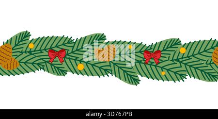 A lush seamless vector border pattern featuring dense pine branches with stylized cones, golden dots, and red ribbon bows. This elegant garland is per Stock Vector