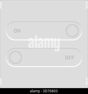 Toggle switches interface. ON OFF minimal text. Neumorphic button Vector set. Control status element. EPS 10. Stock Vector