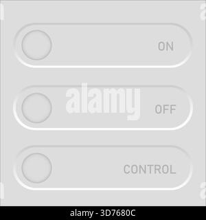 Interface toggle switches. ON OFF CONTROL text. Neumorphic buttons Vector set. Minimalist status element. EPS 10. Stock Vector