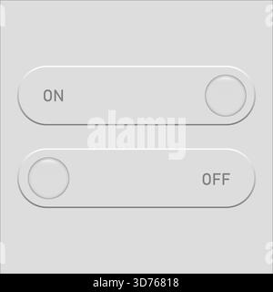 Toggle switches interface. ON OFF minimal text. Neumorphic buttons Vector. Status control element. EPS 10. Stock Vector