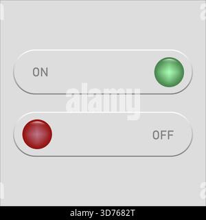 Toggle switches interface. Green ON red OFF. Neumorphic buttons Vector. Status indicator element. EPS 10. Stock Vector
