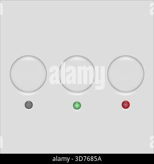 Status lights buttons. Grey green red indicators. Three round Vector controls. Neumorphic elements set. EPS 10. Stock Vector