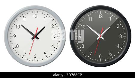 Modern analog clock, one silver with a white face, one black with a dark gray face. Isolated vector illustration for branding, corporate identity Stock Vector
