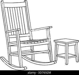 Black line illustration of a traditional wooden rocking chair beside a small matching stool or side table. Stock Vector