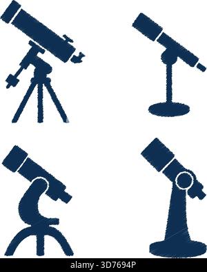 A grouped pattern of dark silhouettes of telescopes and a microscope arranged on a light background for a science themed design Stock Vector
