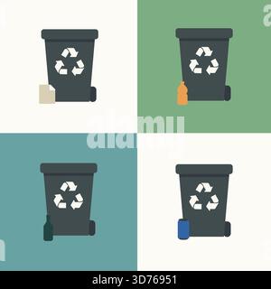 Four square panels showing simple recycling bins with color coded items representing sorting of waste and recyclables Stock Vector