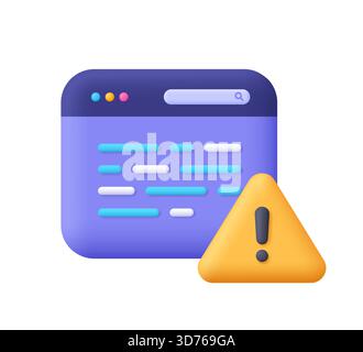 Purple web browser window with code lines and a yellow warning triangle with exclamation mark. Programming, IT, error, alert and security issue concep Stock Vector