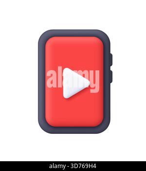 White play button on red smartphone screen. Multimedia, social media, video content, streaming, user interfaces and entertainment concept. 3d vector i Stock Vector