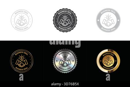 Set of business deal icon, stamp, seal, symbol and logo in minimal, gold, silver design vector Stock Vector