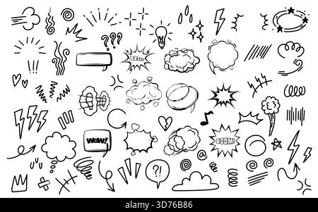 Comic burst explosion vector, comic boom elements, speech bubbles, speed lines, motion lines in black silhouettes. Ideal for comic designs, pop art, a Stock Vector