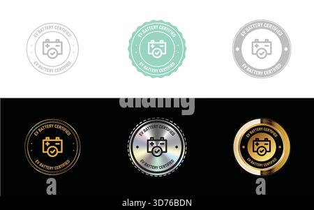 EV Battery Certified icon, stamp, seal, symbol and logo in minimal, gold, silver design vector Stock Vector