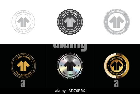 Set of Global Organic Textile Standard icon, stamp, seal, symbol and logo in minimal, gold, silver design vector Stock Vector