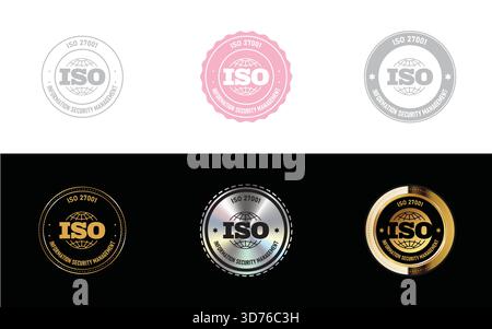 Information Security Management ISO 27001. ISO standard certificate, logo, seal, icon, stamp, badge vector. Stock Vector