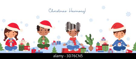 Christmas Kids Meditating Seamless Border. Cute Girl and Boys Yogi in Santa Hat with festive gift boxes and snowflakes. New Year Magic Horizontal Post Stock Vector