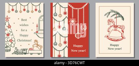 Christmas cards with a fir tree, horse and decorations. Hand drawn vector pastel line art illustration. Suitable for New Years cards, invitations and Stock Vector