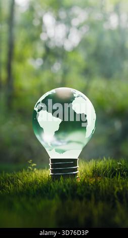Sustainable earth globe light bulb on grass nature copy space. 3d rendering Stock Photo