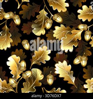 Seamless pattern of jewelry, like, shiny, sparkling, golden oak branches and acorns on black background. Golden oak. Stock Vector