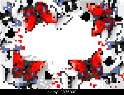 White background splattered with gray paint with artistically drawn, textured, vibrant red and black morpho butterflies. Stock Vector