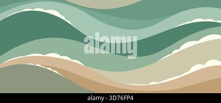 Abstract wavy background featuring flowing layers of green, teal, and beige. Nature-inspired vector design resembling ocean waves, rolling hills. Stock Vector