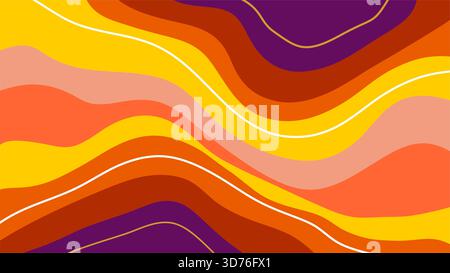 Retro psychedelic background with wavy layers in orange, yellow, red, and purple. Vibrant vector art inspired by 1970s groovy patterns and liquid swirls Stock Vector